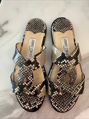 Jimmy Choo Black & Beige Snake-Print Slide Mules